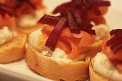 Smoked Salmon, Beetroot, Horseradish and Creme Fraiche Bites